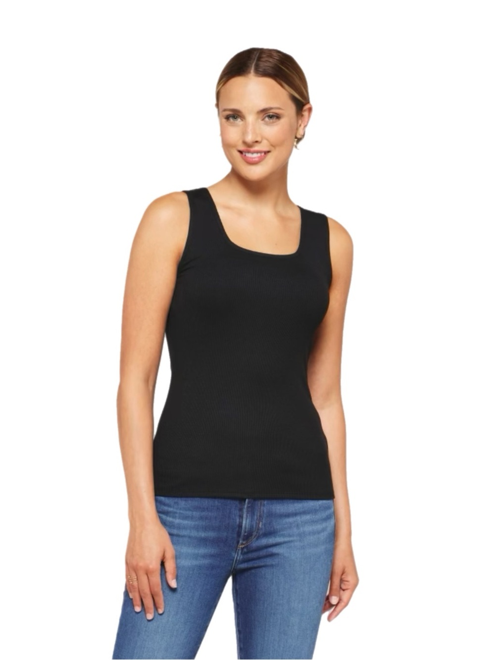 41 HAWTHORN • Kyle Square Neck Modal Fitted Rib Knit Tank • Black • Large